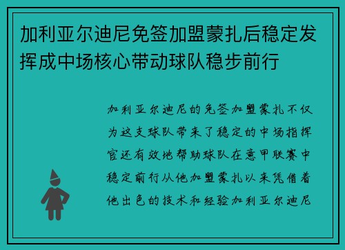 加利亚尔迪尼免签加盟蒙扎后稳定发挥成中场核心带动球队稳步前行